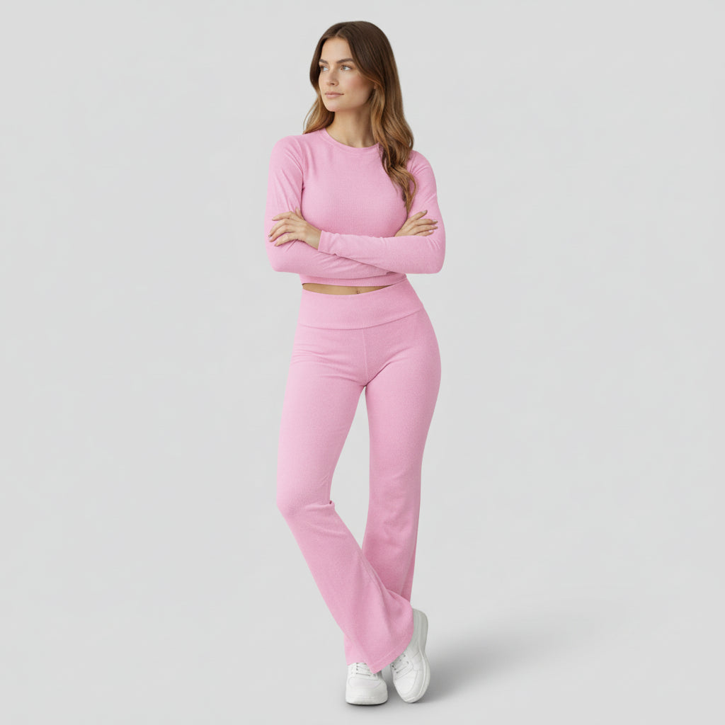 Ensemble Femme 2 Pièces Chic – Crop Top Manches Longues et Pantalon Évasé