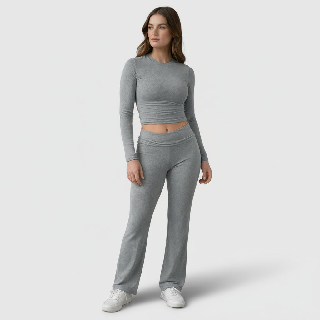 Ensemble Femme 2 Pièces Chic – Crop Top Manches Longues et Pantalon Évasé