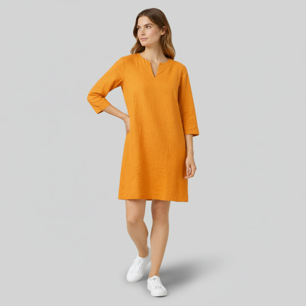 Robe Midi Femme Col V – Manches 3/4 Silhouette Épurée