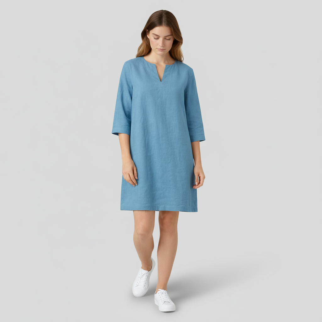 Robe Midi Femme Col V – Manches 3/4 Silhouette Épurée