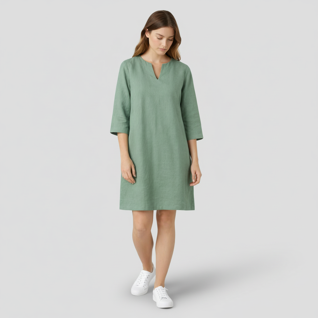 Robe Midi Femme Col V – Manches 3/4 Silhouette Épurée