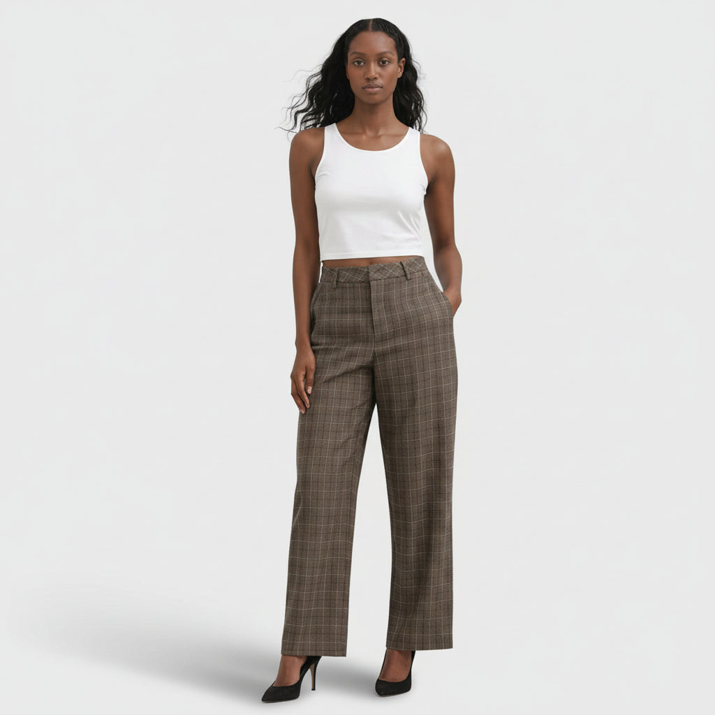 Pantalon Femme Taille Haute à Carreaux – Coupe Droite