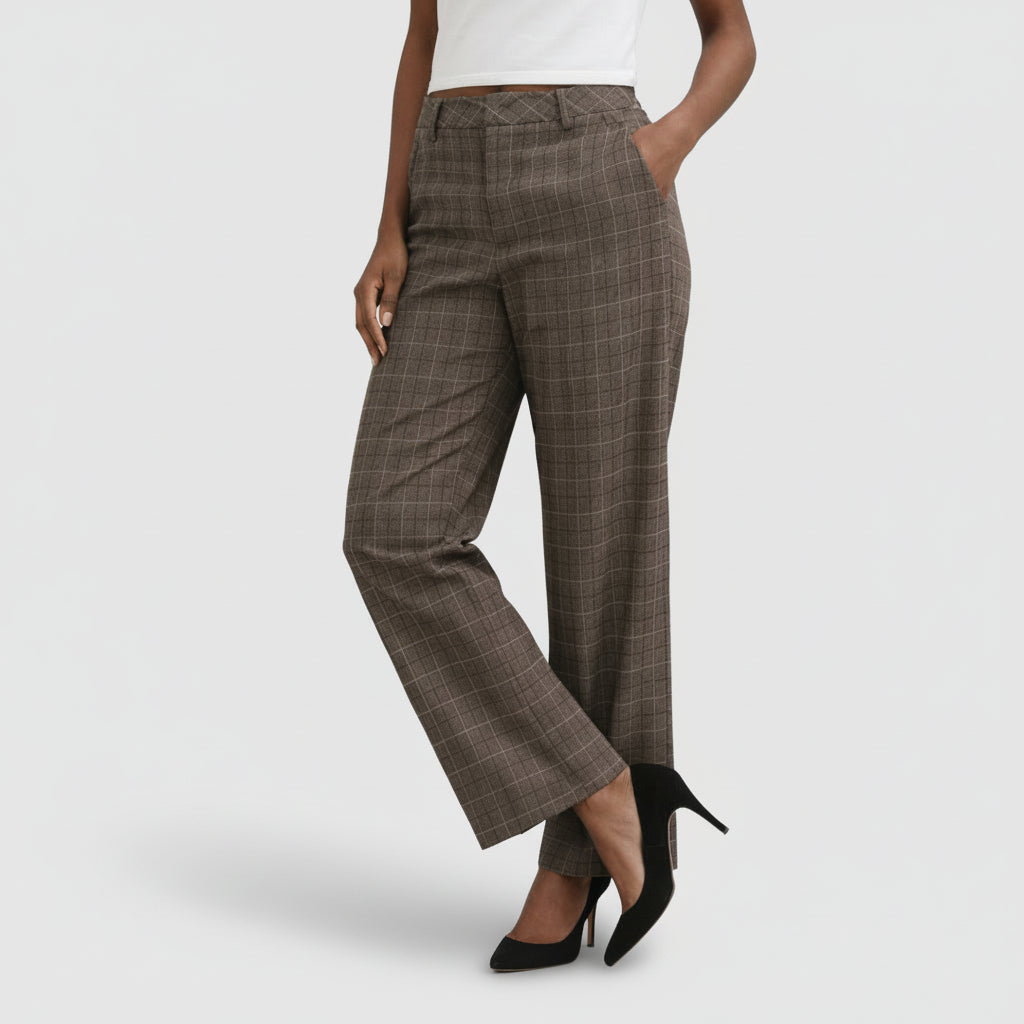 Pantalon Femme Taille Haute à Carreaux – Coupe Droite