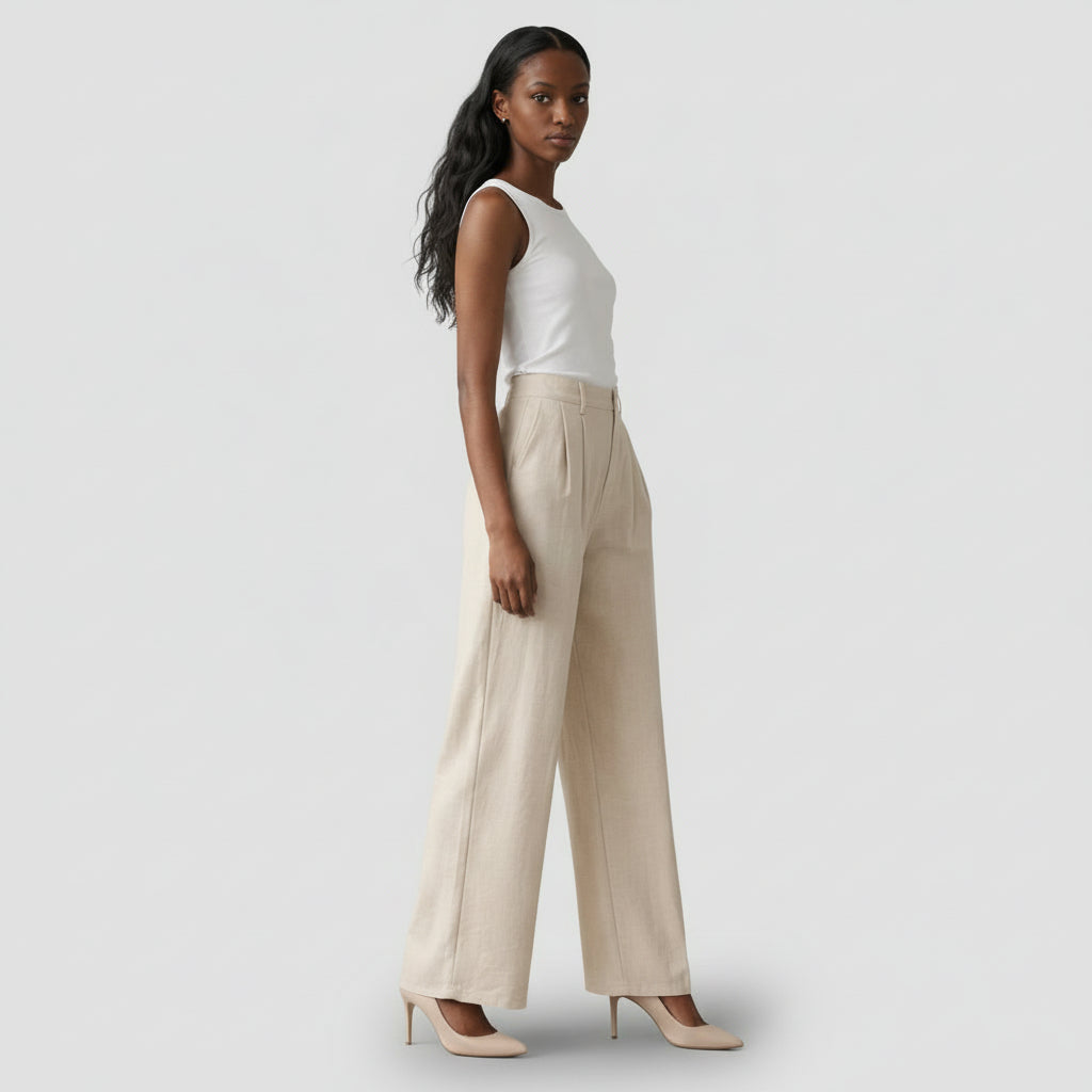 Pantalon Femme Taille Haute Jambe Large – Plis sur le Devant