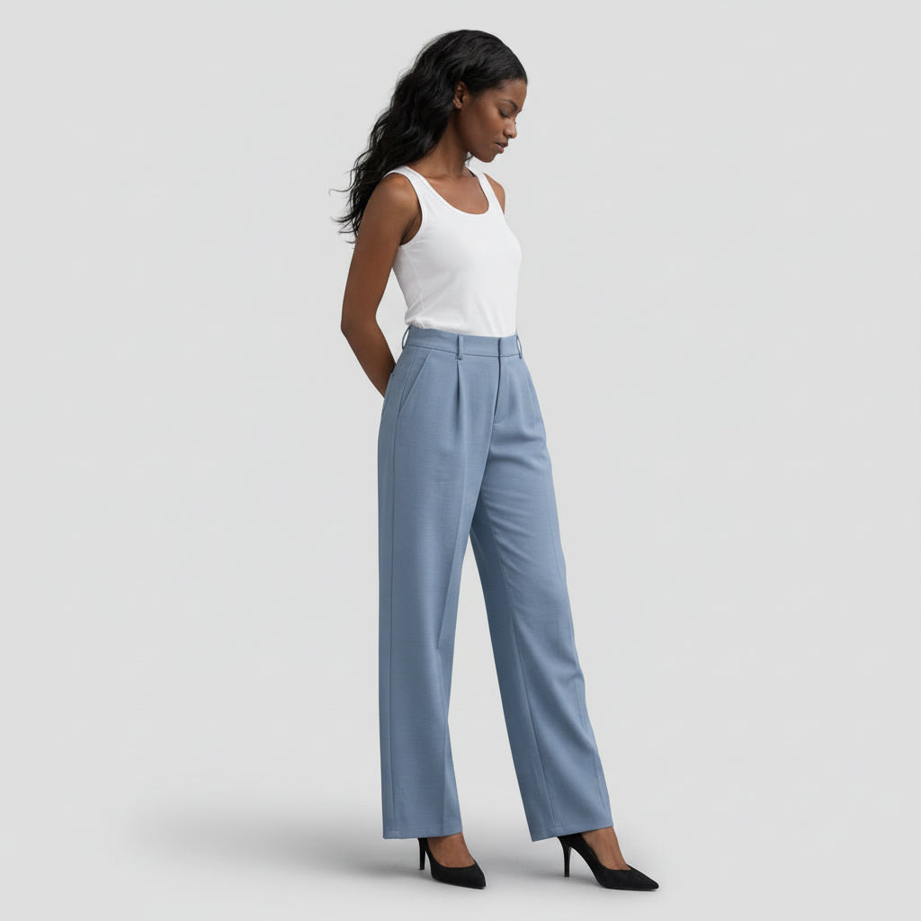 Pantalon Femme Taille Haute Jambe Large – Plis sur le Devant