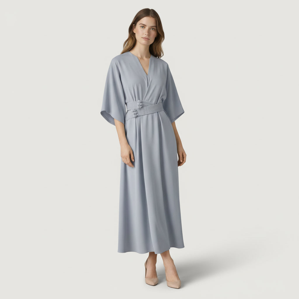 Robe Maxi Portefeuille Femme Col V – Ceinture et Manches Amples