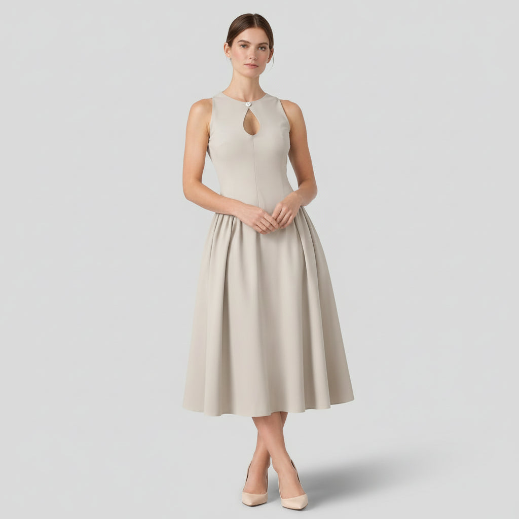 Robe Midi Femme Sans Manches Coupe A – Col Goutte Taille Froncée