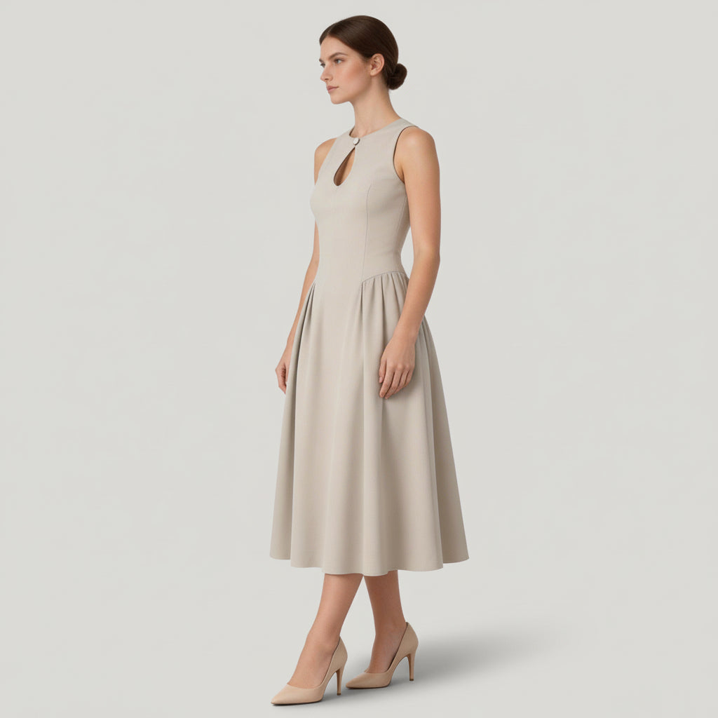 Robe Midi Femme Sans Manches Coupe A – Col Goutte Taille Froncée