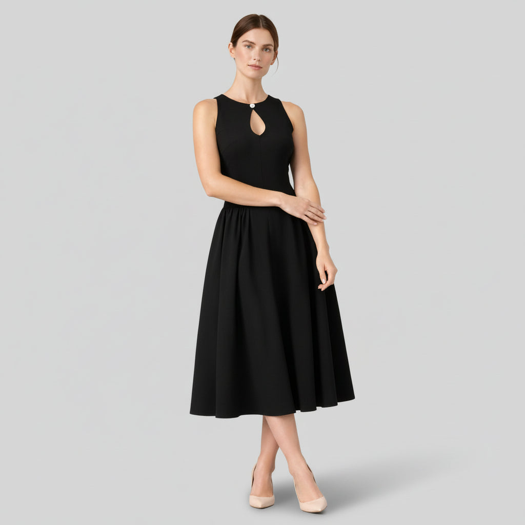 Robe Midi Femme Sans Manches Coupe A – Col Goutte Taille Froncée