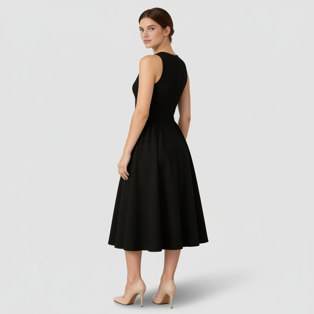 Robe Midi Femme Sans Manches Coupe A – Col Goutte Taille Froncée