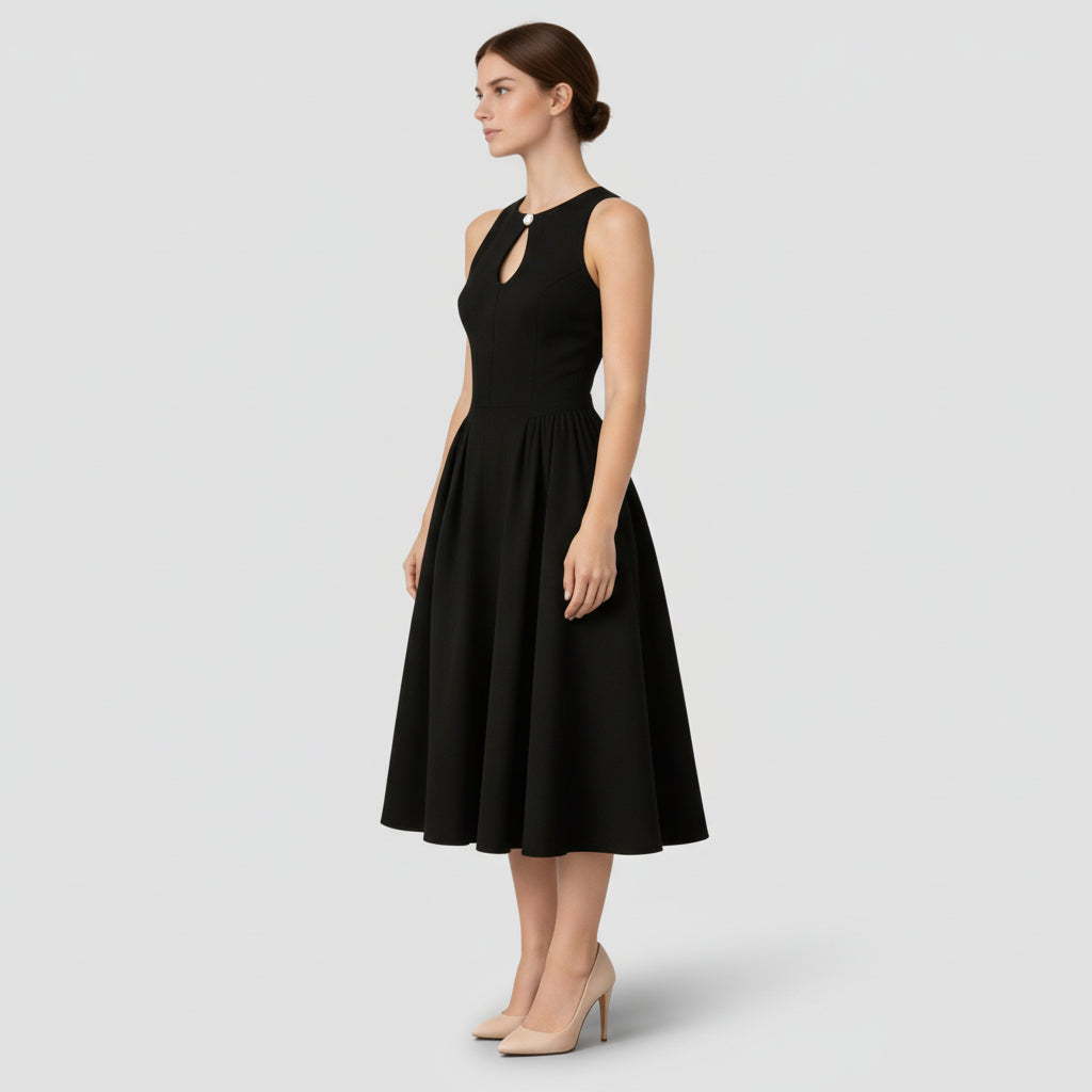Robe Midi Femme Sans Manches Coupe A – Col Goutte Taille Froncée