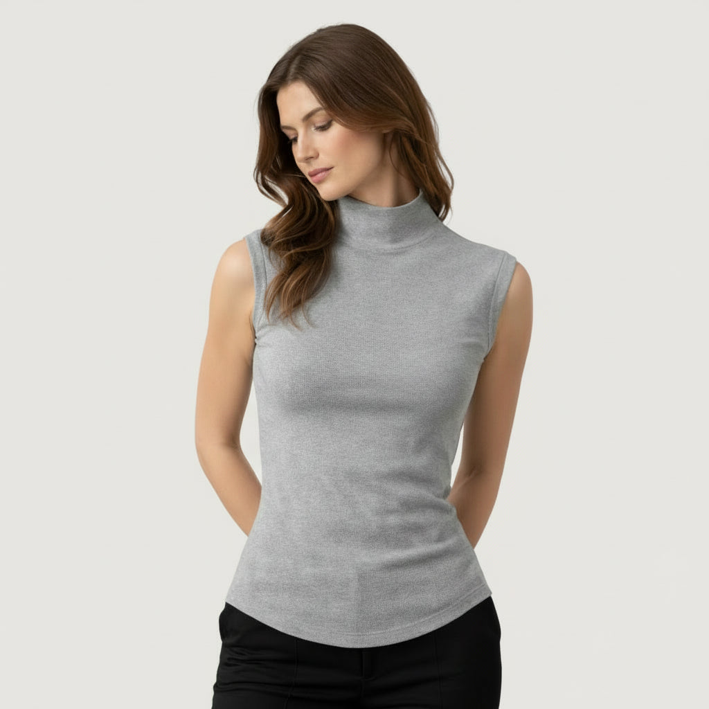 Top Femme Maille Côtelée Col Montant – Manches Courtes Coupe Ajustée