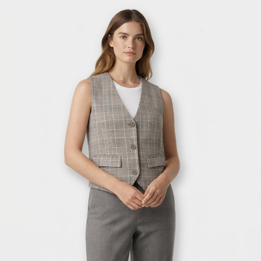 Gilet Tailleur Femme à Carreaux – Boutons et Poches à Rabat