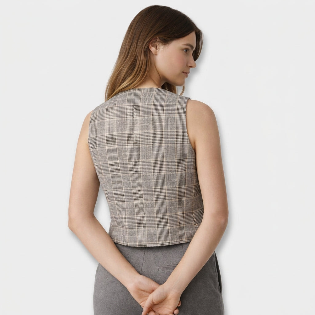 Gilet Tailleur Femme à Carreaux – Boutons et Poches à Rabat