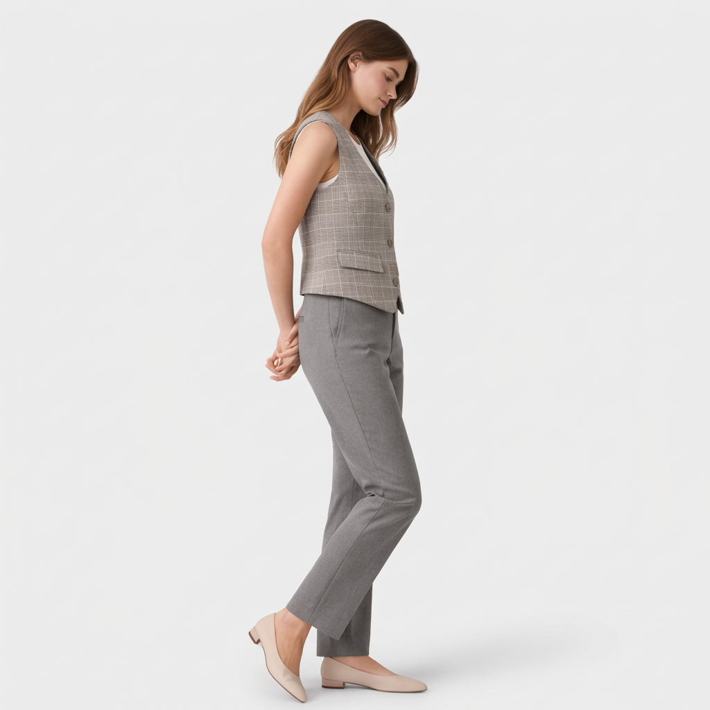 Gilet Tailleur Femme à Carreaux – Boutons et Poches à Rabat