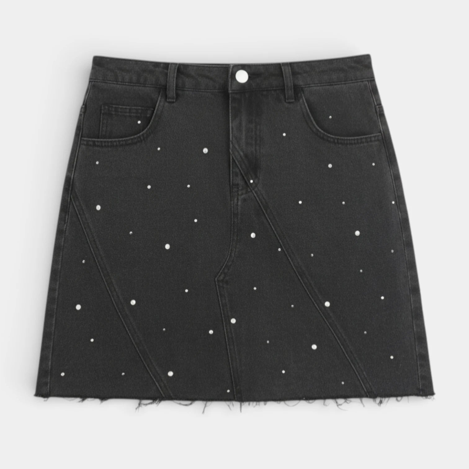 Jupe Mini Femme Denim Noir Strass Motif Pois avec Ourlet Effiloché
