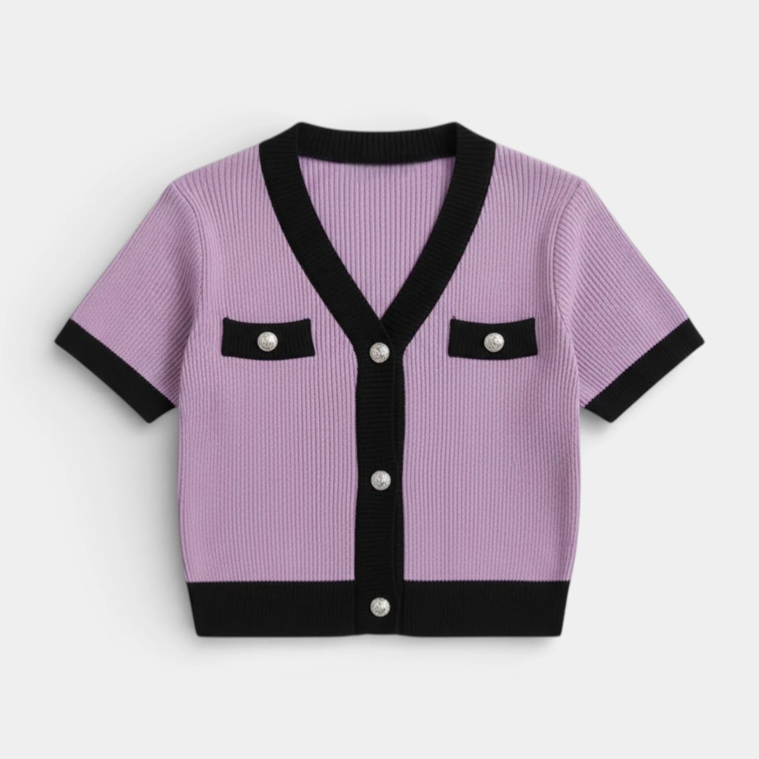 Cardigan Femme Maille Côtelée Manches Courtes – Bordures Contrastées