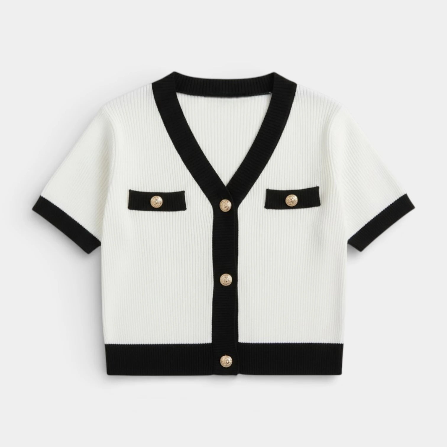 Cardigan Femme Maille Côtelée Manches Courtes – Bordures Contrastées