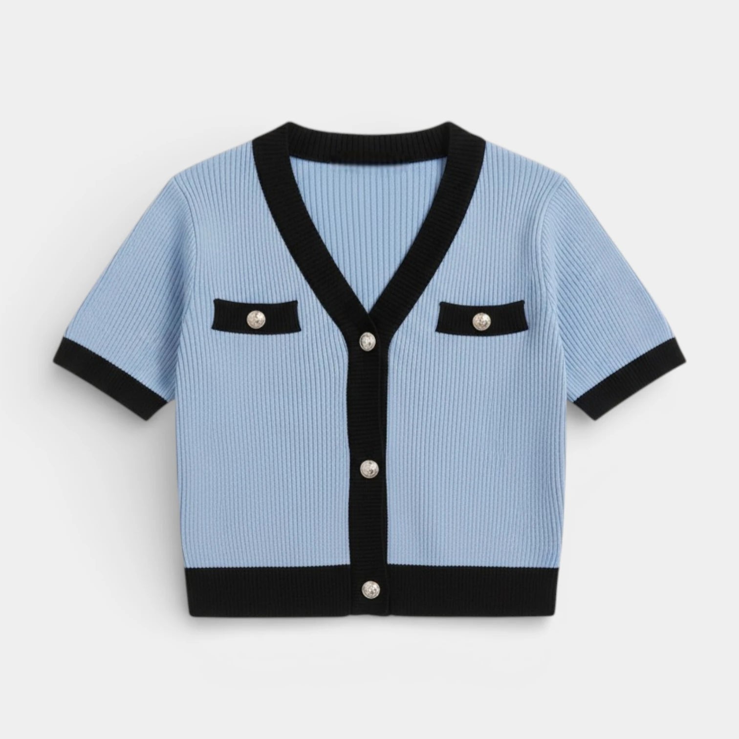 Cardigan Femme Maille Côtelée Manches Courtes – Bordures Contrastées