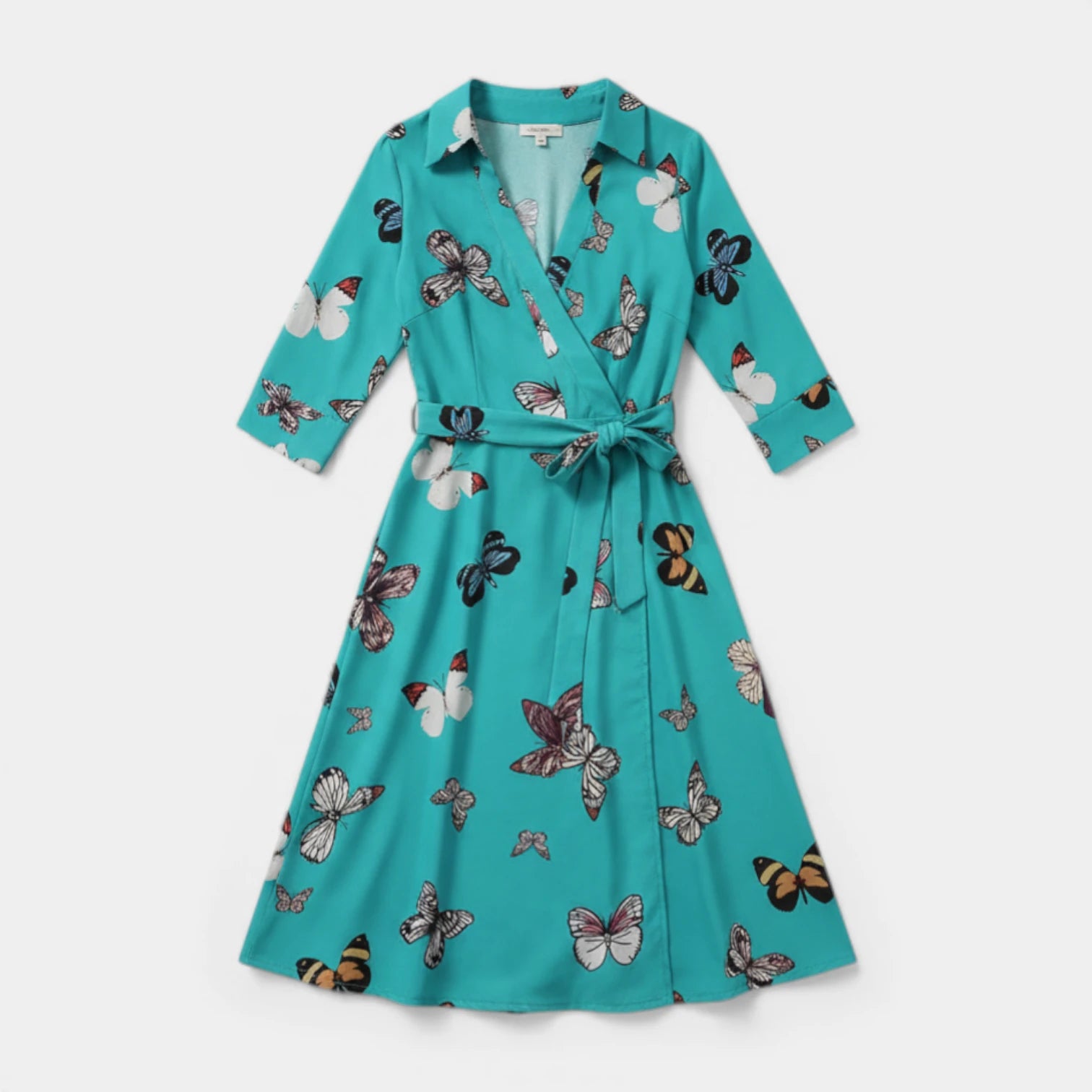 Robe Midi Portefeuille Femme à Col – Ceinture à Nouer Manches 3/4