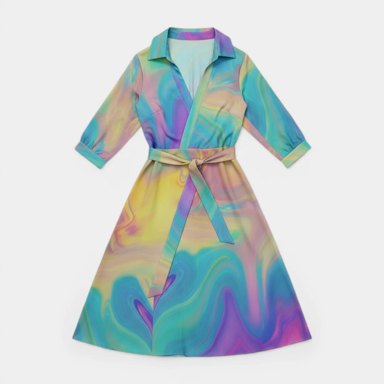 Robe Midi Portefeuille Femme à Col – Ceinture à Nouer Manches 3/4