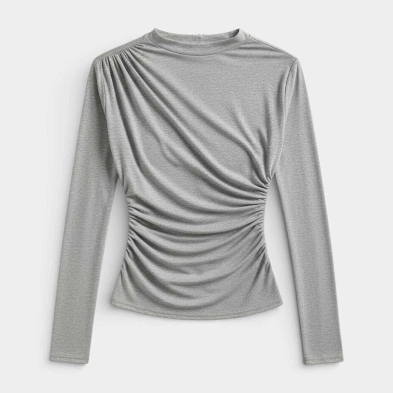 Haut Femme Froncé Manches Longues Col Montant Drapé Avant Coupe Ajustée