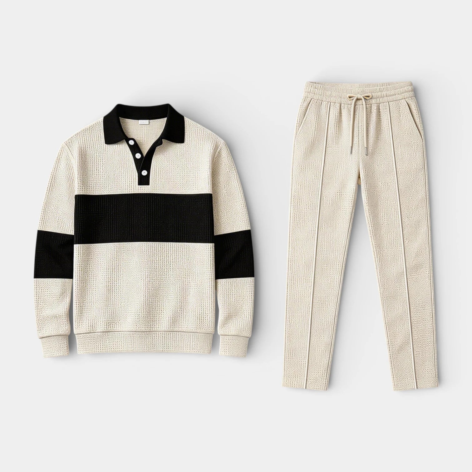 Ensemble Homme Polo Texturé Côtelé et Pantalon à Cordon Color Block