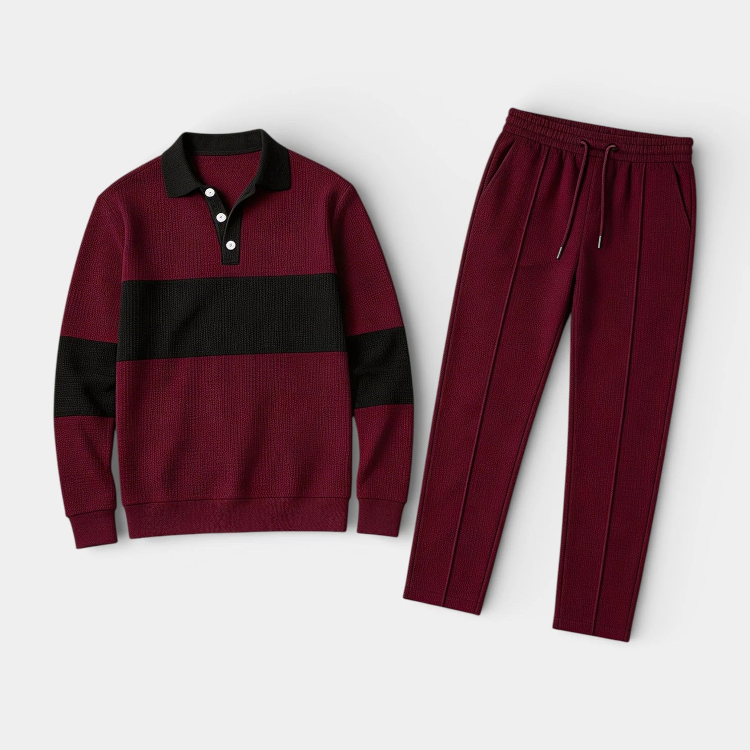 Ensemble Homme Polo Texturé Côtelé et Pantalon à Cordon Color Block