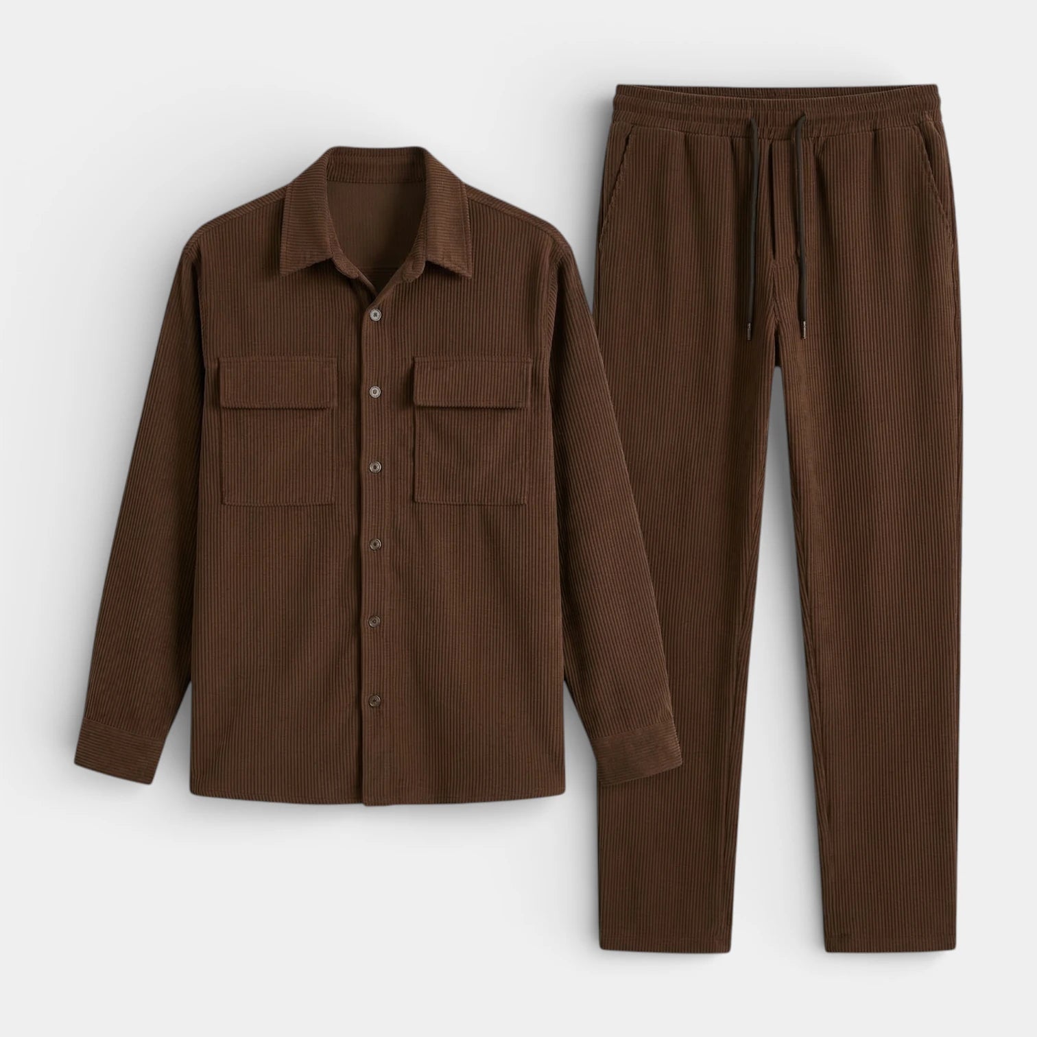 Ensemble Homme Chemise Boutonnée et Pantalon à Cordon Texture Côtelée