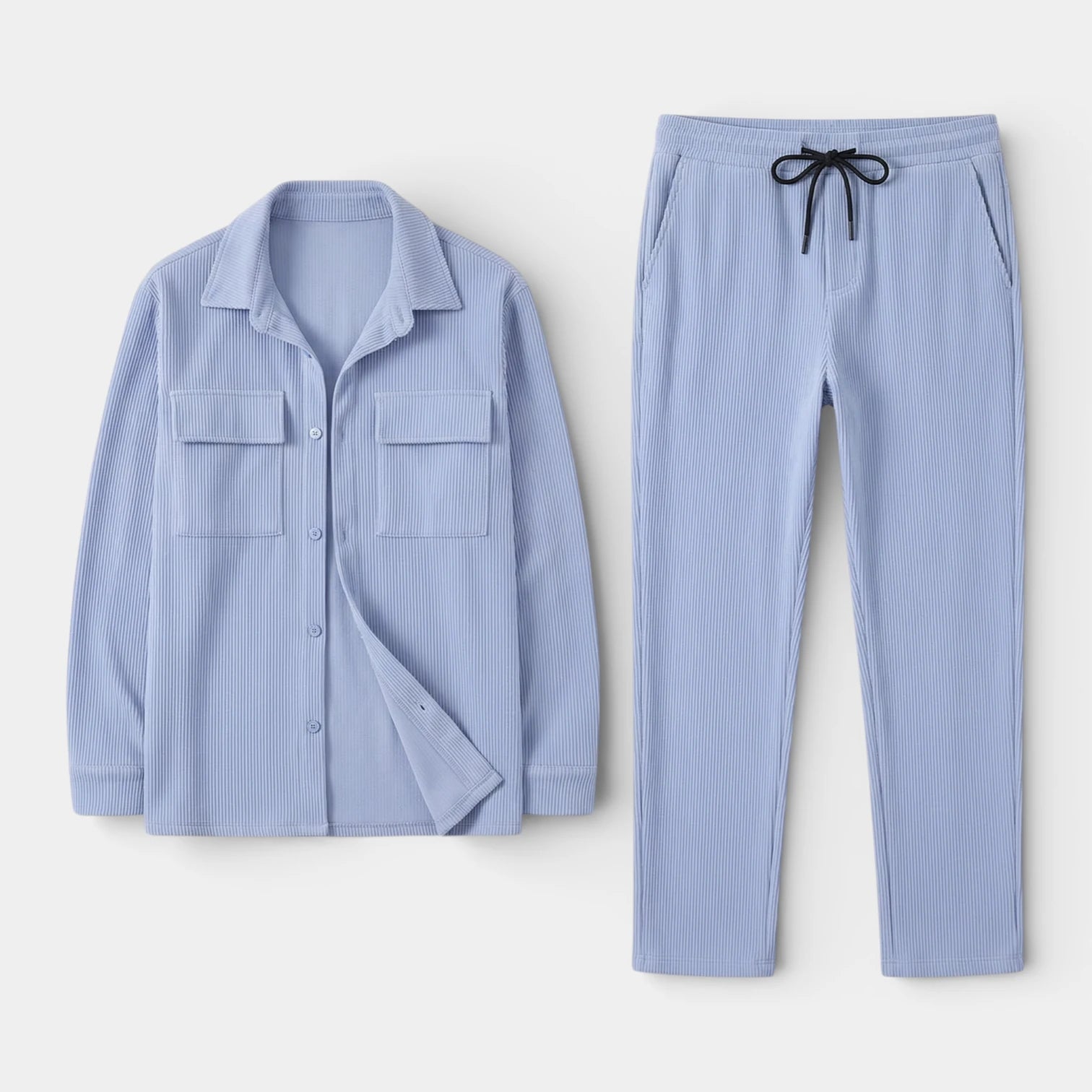 Ensemble Homme Chemise Boutonnée et Pantalon à Cordon Texture Côtelée