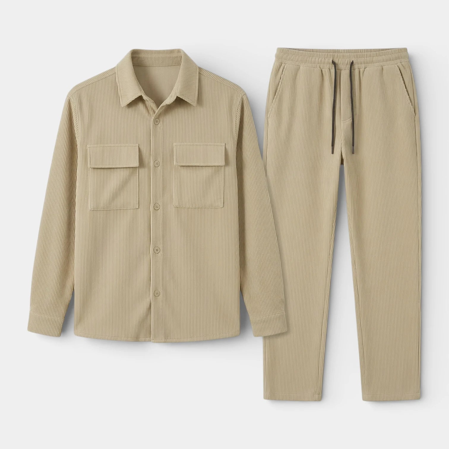 Ensemble Homme Chemise Boutonnée et Pantalon à Cordon Texture Côtelée