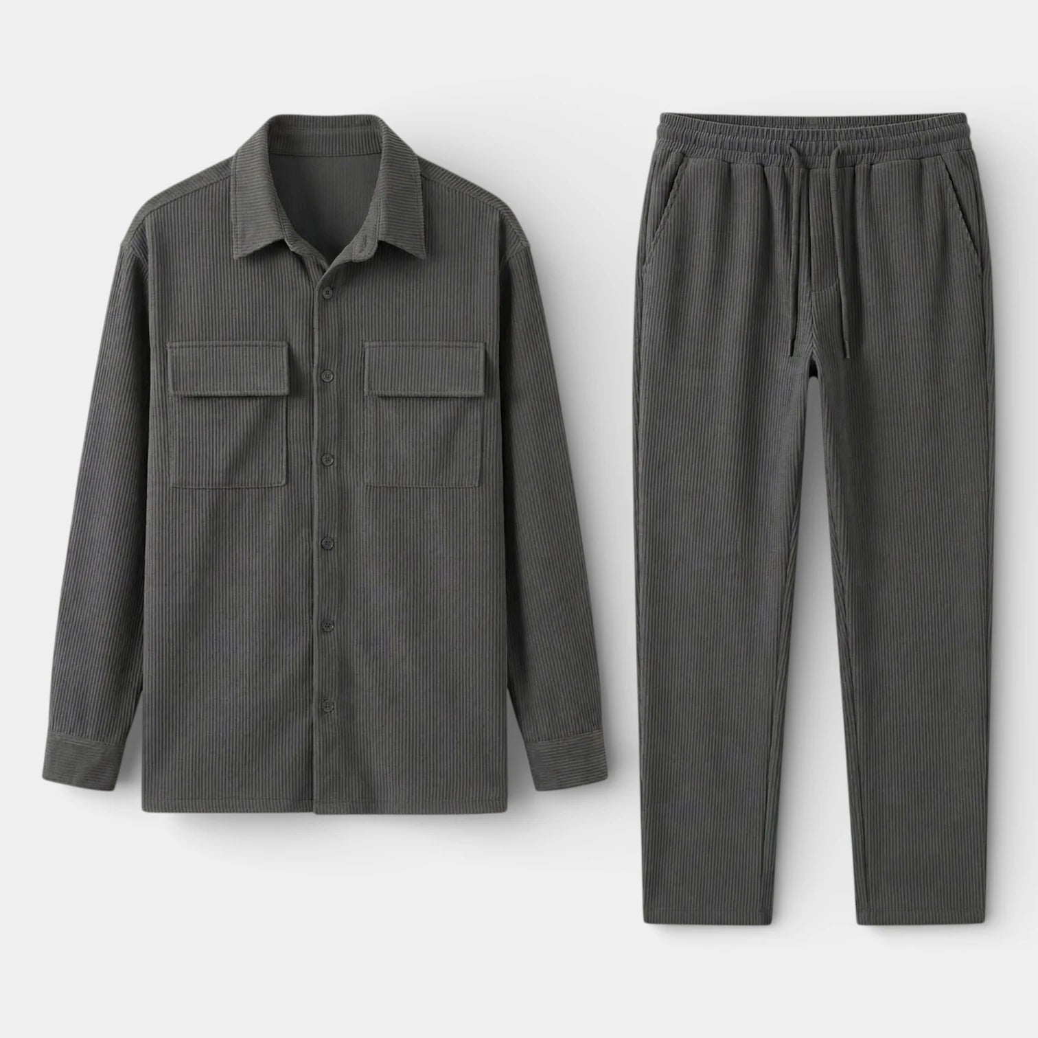 Ensemble Homme Chemise Boutonnée et Pantalon à Cordon Texture Côtelée