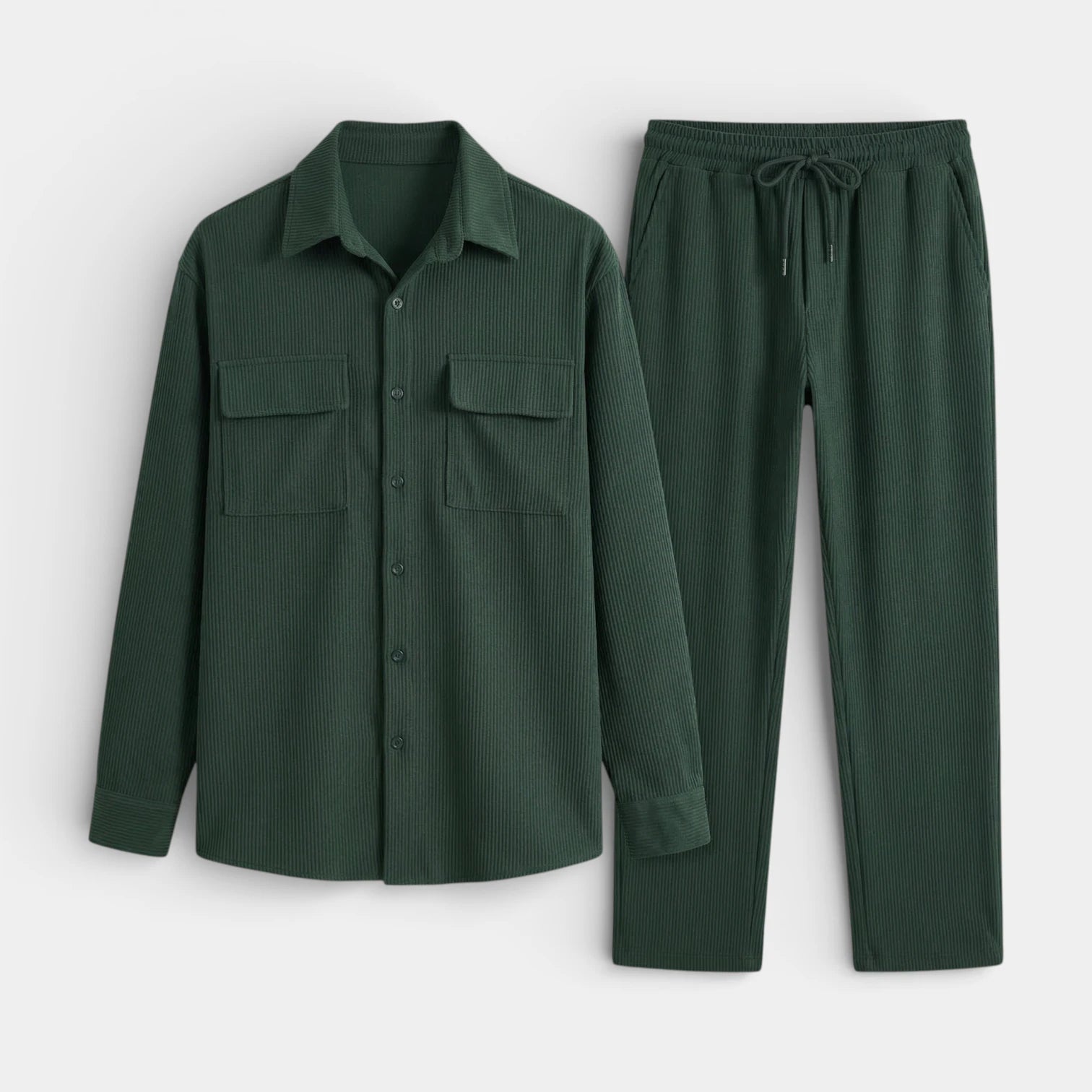 Ensemble Homme Chemise Boutonnée et Pantalon à Cordon Texture Côtelée