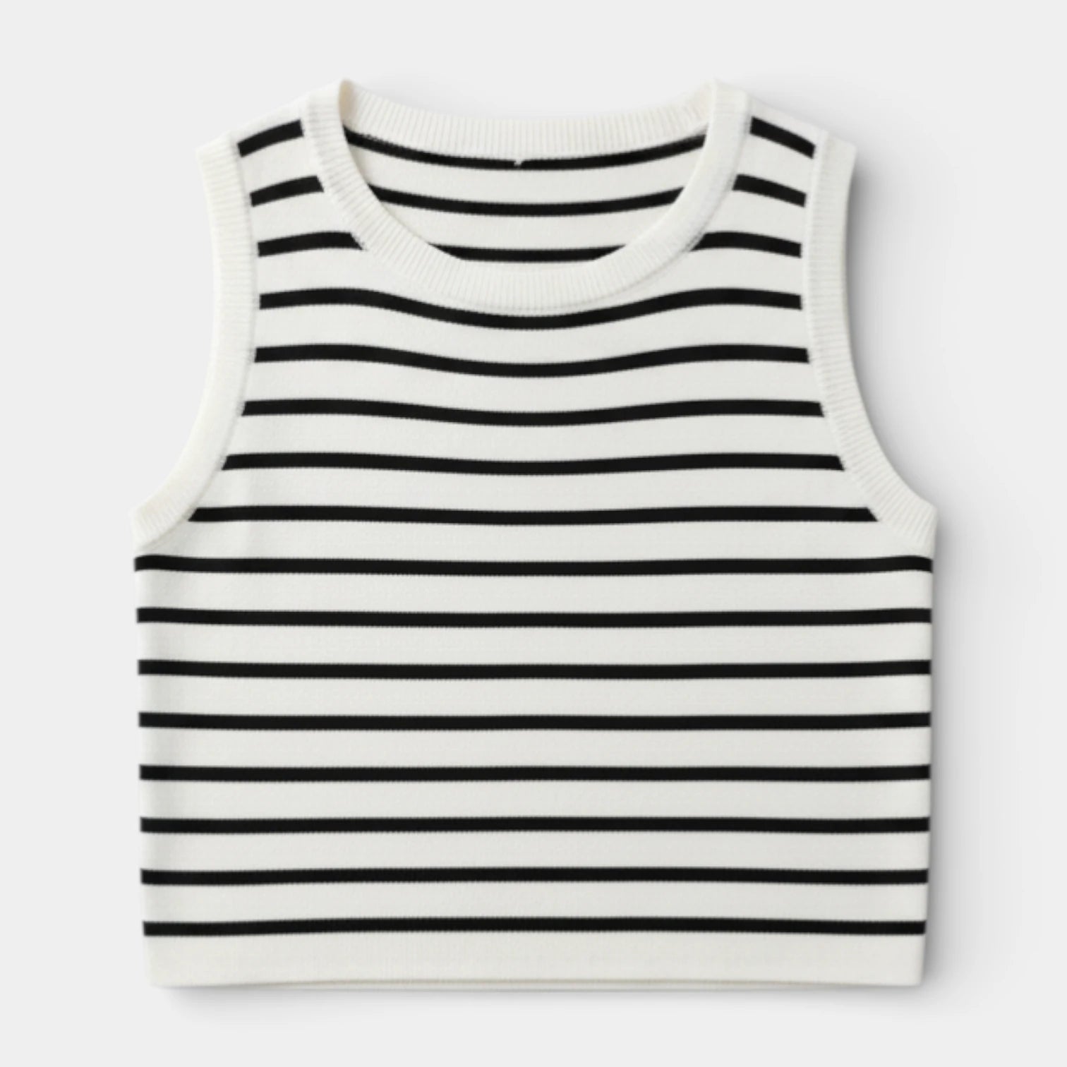 Débardeur Court Femme Rayé Maille Côtelée – Col Rond Sans Manches