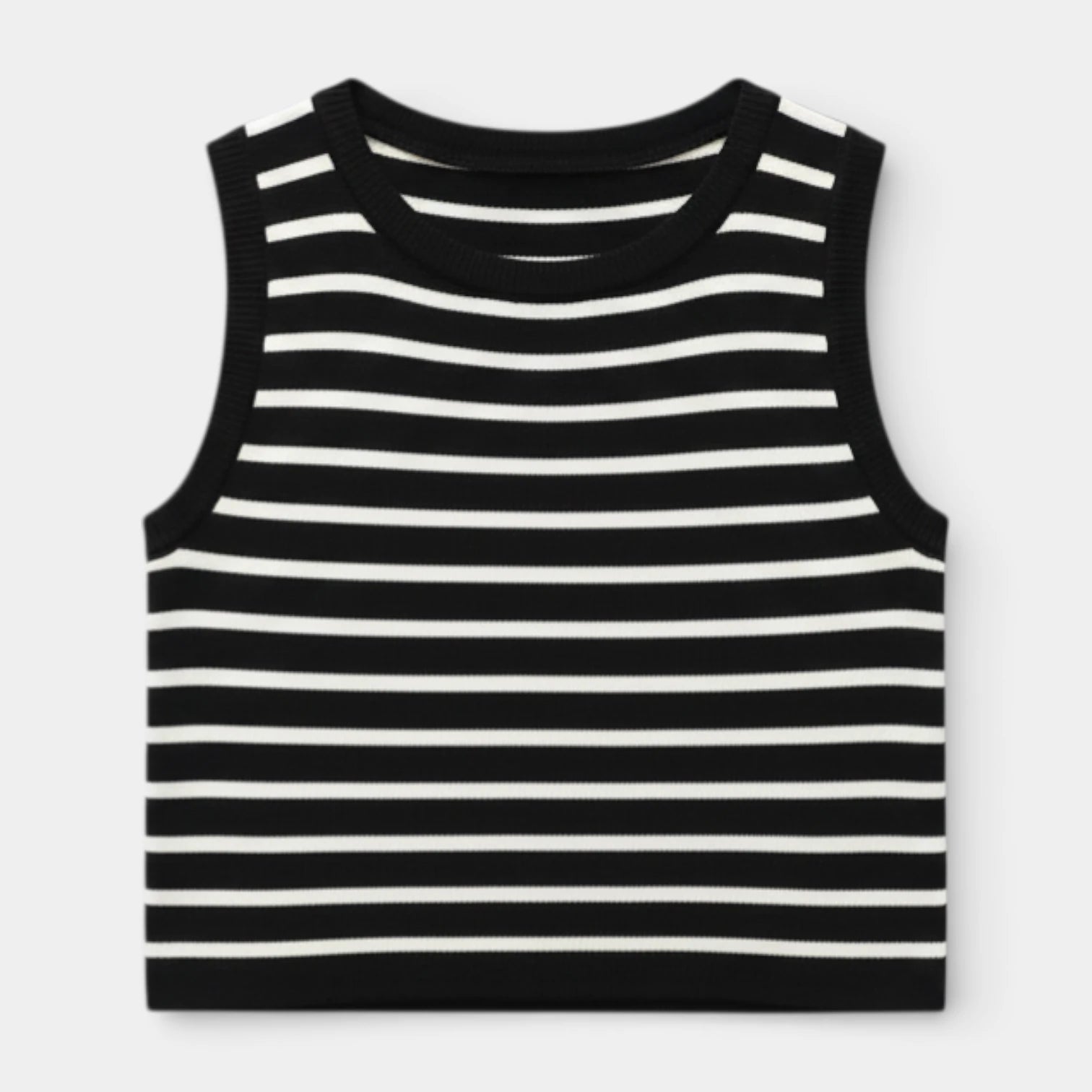 Débardeur Court Femme Rayé Maille Côtelée – Col Rond Sans Manches