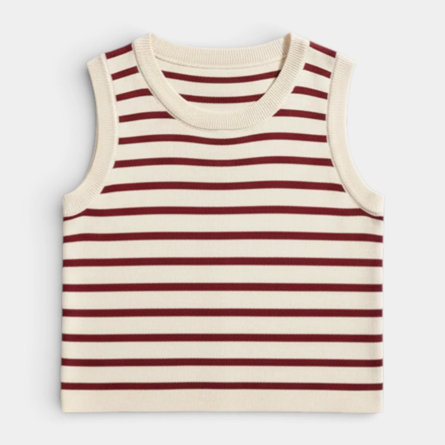 Débardeur Court Femme Rayé Maille Côtelée – Col Rond Sans Manches