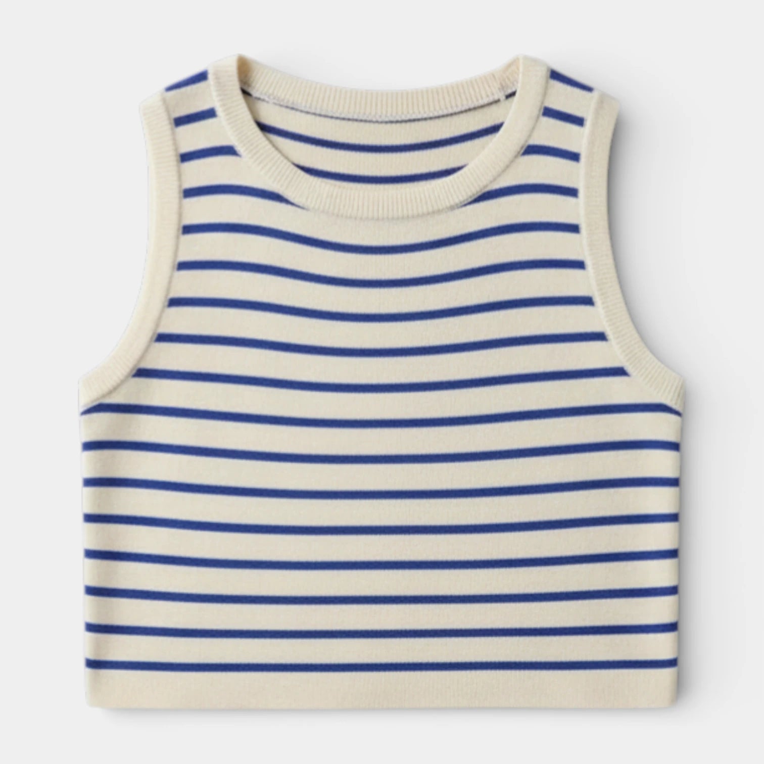 Débardeur Court Femme Rayé Maille Côtelée – Col Rond Sans Manches