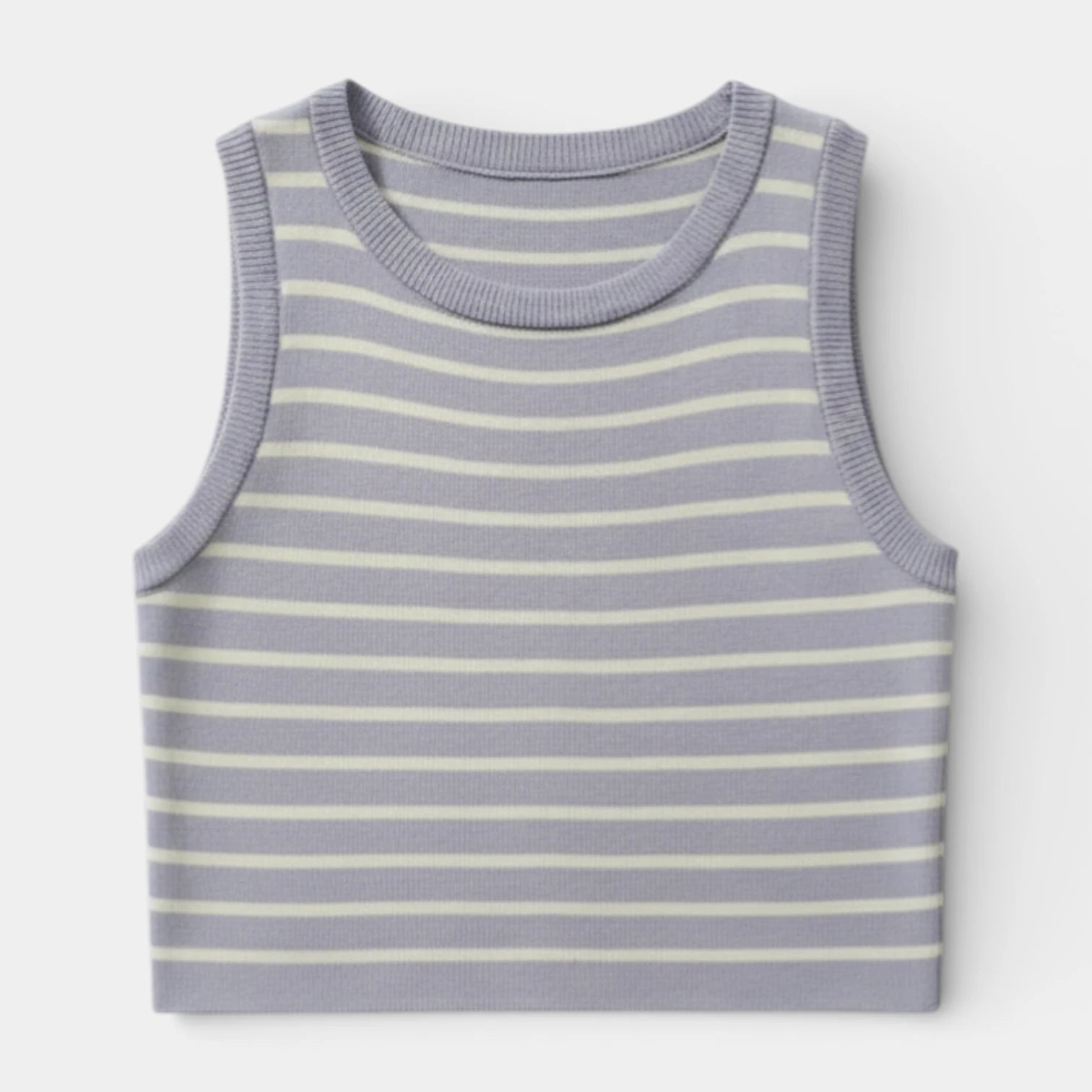 Débardeur Court Femme Rayé Maille Côtelée – Col Rond Sans Manches