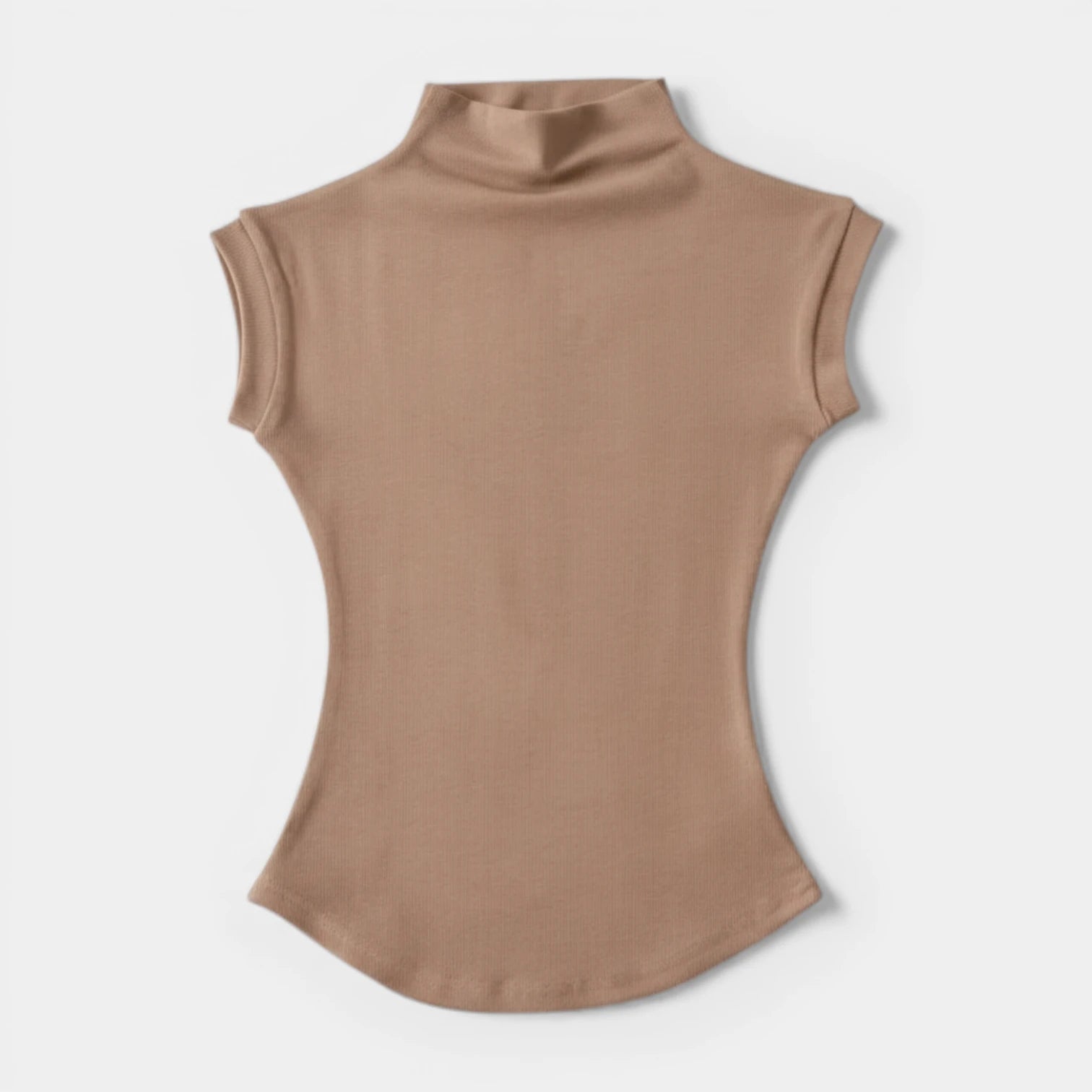 Top Femme Maille Côtelée Col Montant – Manches Courtes Coupe Ajustée