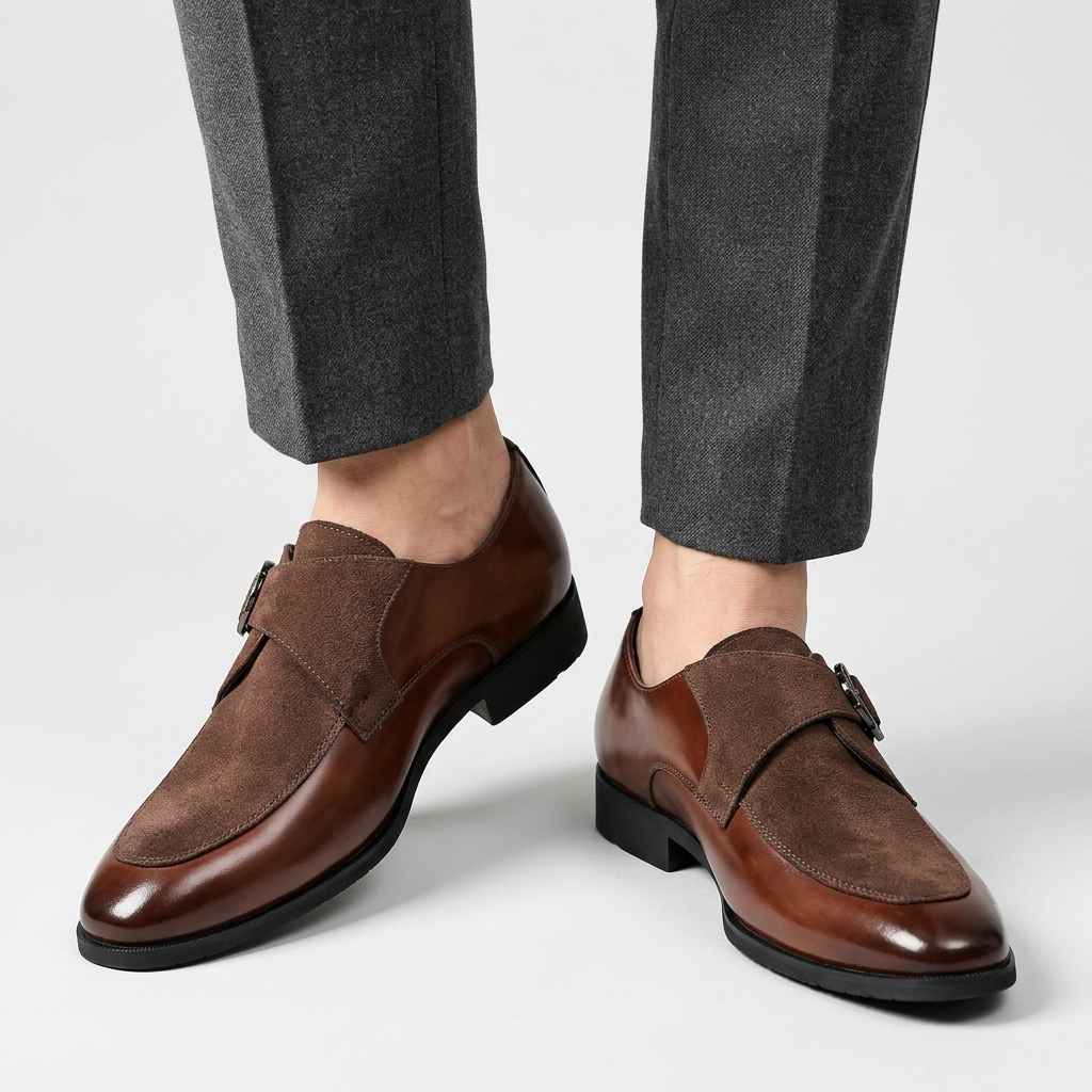 Men's Textured Leather Pointed Toe Monk Strap Derbies