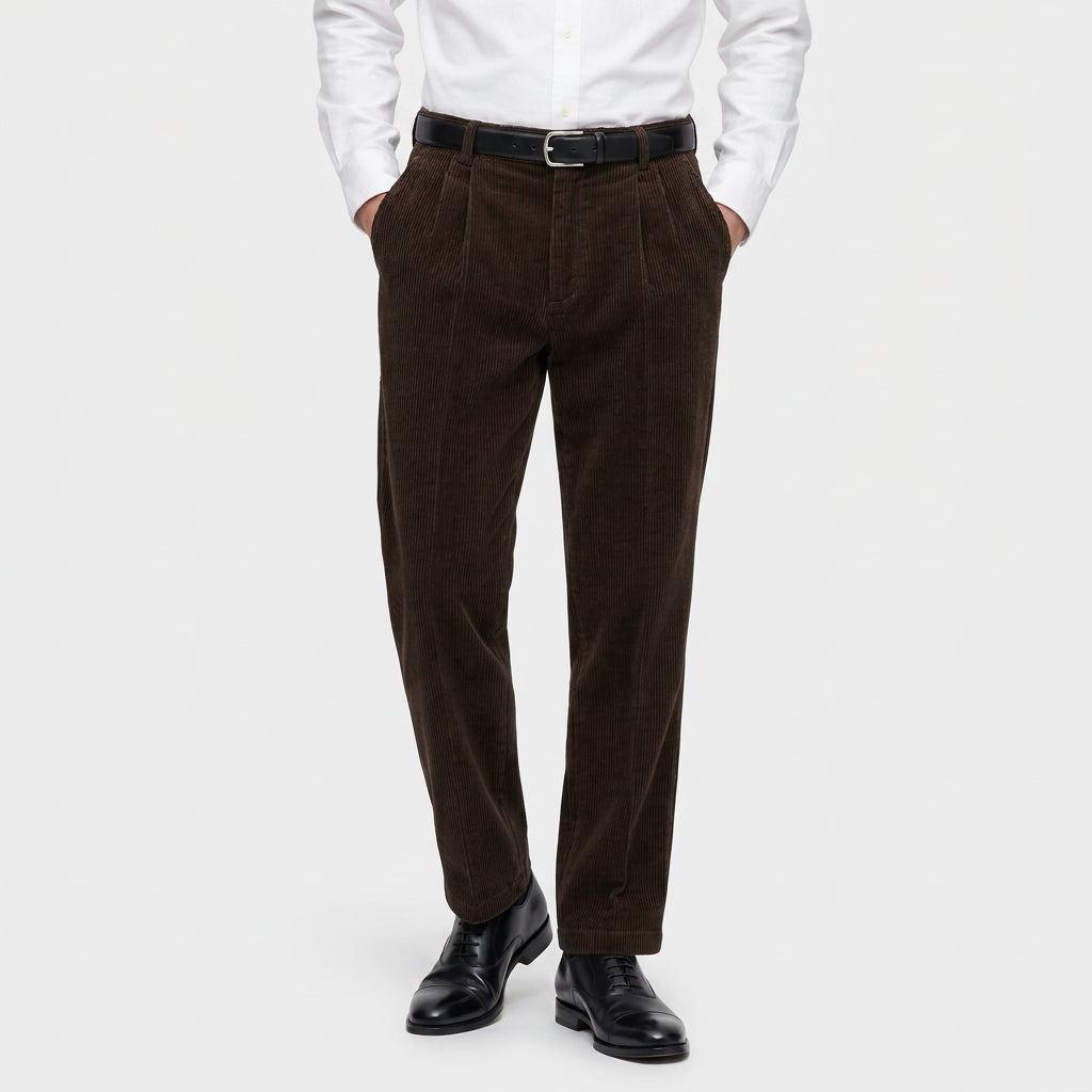 Men's Wide-Leg Pleated Corduroy Trousers