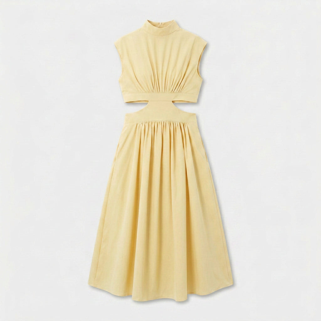 Robe Longue Élégante Manches Courtes Découpe Taille Dos Ouvert pour Femme