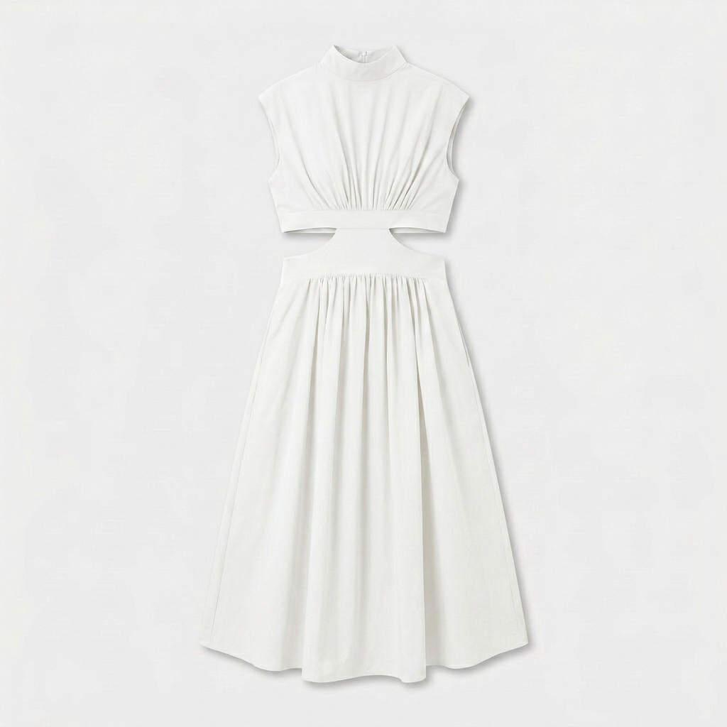 Robe Longue Élégante Manches Courtes Découpe Taille Dos Ouvert pour Femme