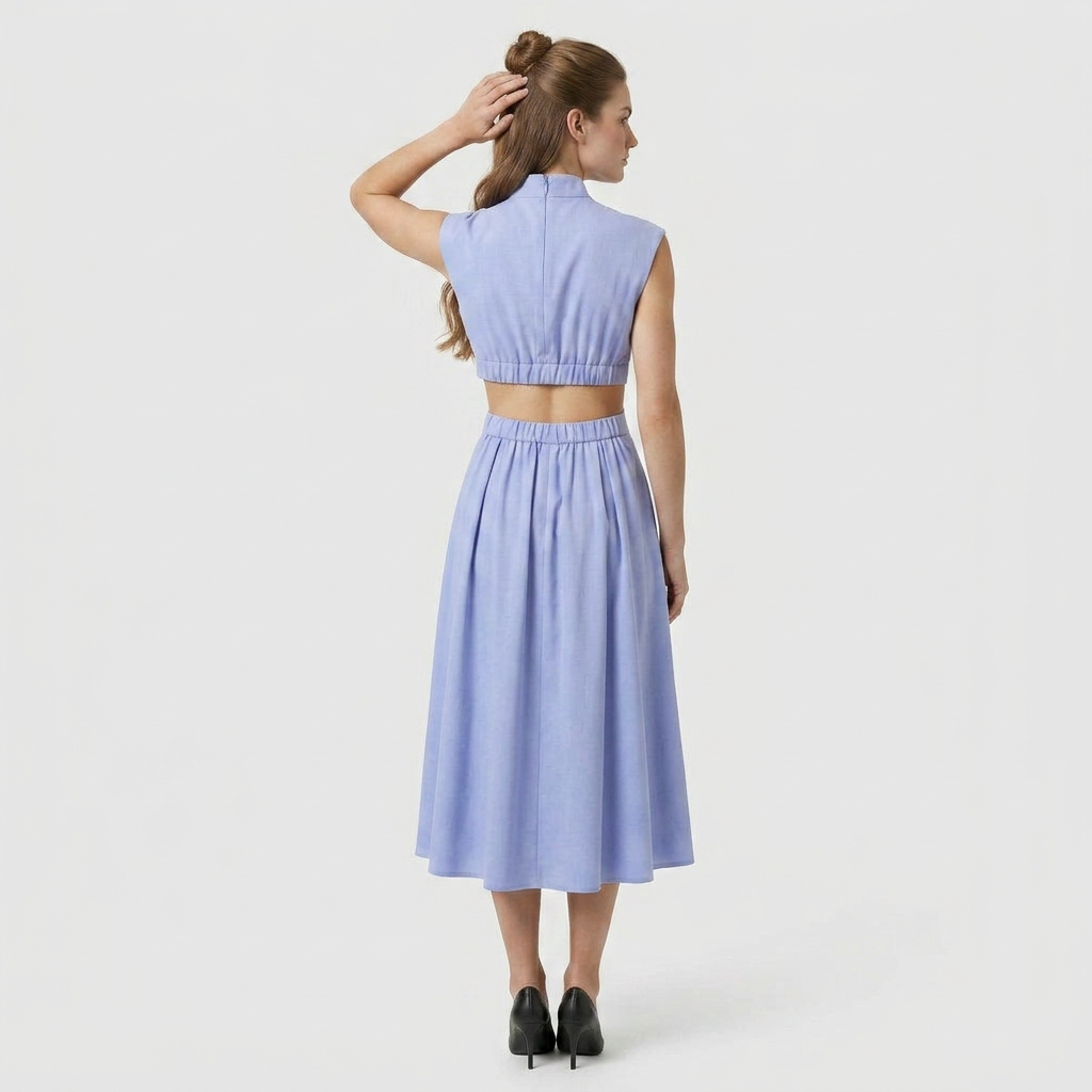 Robe Longue Élégante Manches Courtes Découpe Taille Dos Ouvert pour Femme