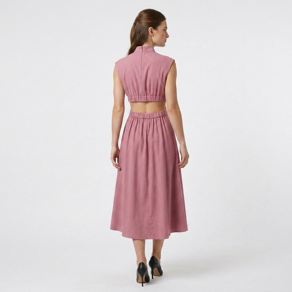 Robe Longue Élégante Manches Courtes Découpe Taille Dos Ouvert pour Femme