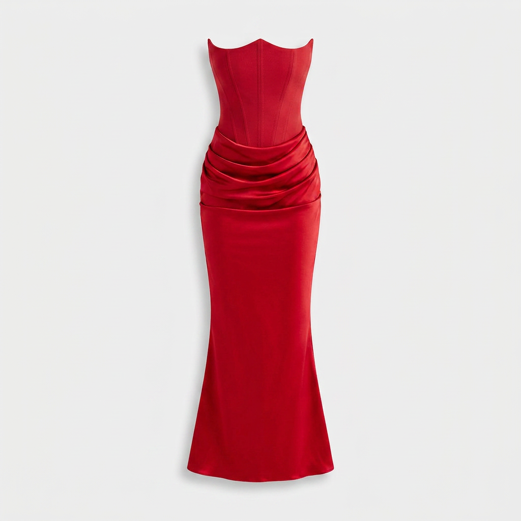 Robe Longue Fourreau en Velours Bustier Corseté sans Bretelles pour Femme