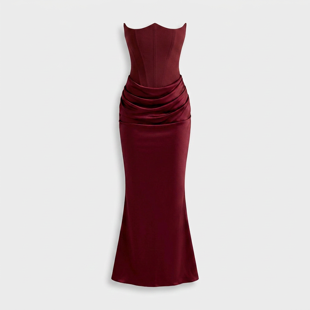 Robe Longue Fourreau en Velours Bustier Corseté sans Bretelles pour Femme