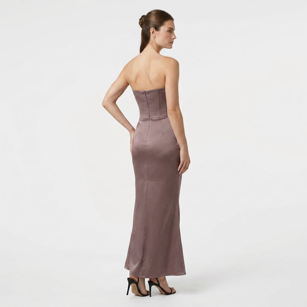 Robe Longue Fourreau en Velours Bustier Corseté sans Bretelles pour Femme