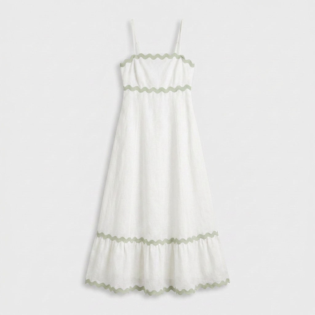 Robe Maxi Asymétrique Coton Lin Finition Ric-Rac pour Femme