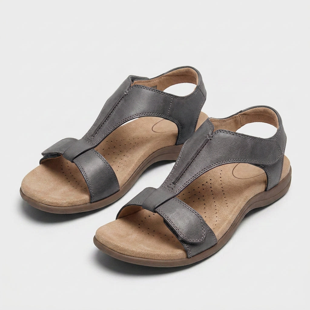 Sandales Plates à Bride en T Ajustable Semelle Rembourrée Fermeture Scratch pour Femme